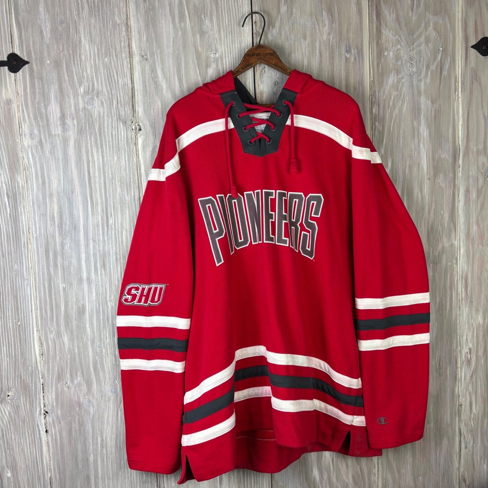 Champion SHU Pioneers Hockey Jersey Hoodie Red Mens 2XL Lace Up‎